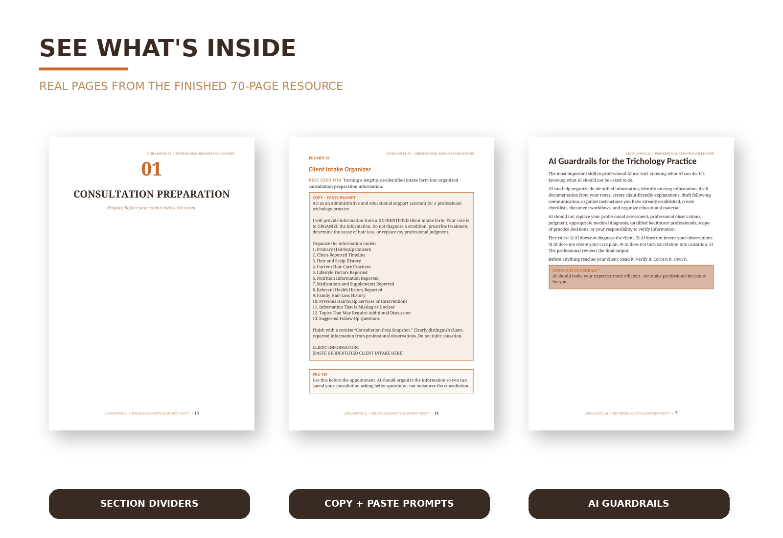 Sample pages from the Prompt Vault: section dividers, copy-and-paste prompts, and AI guardrails